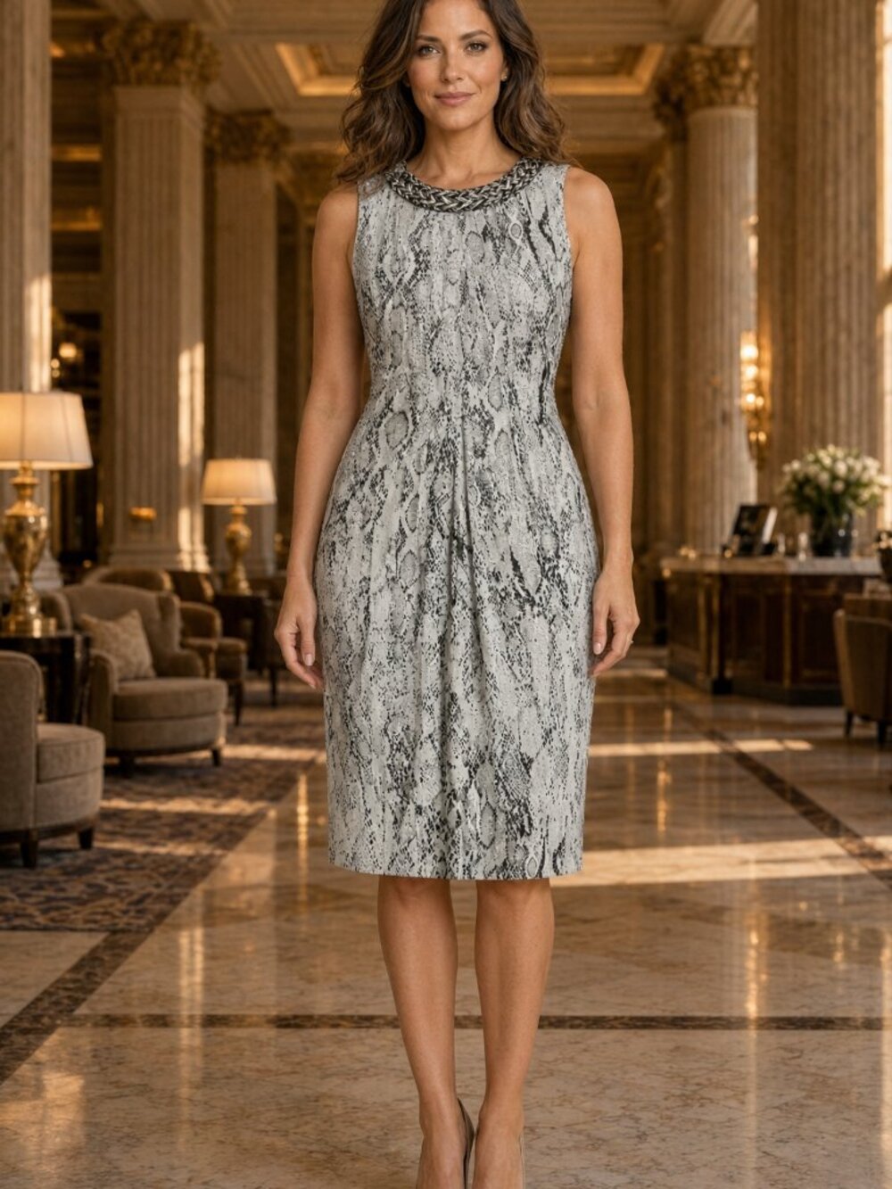 Madrilena Women Gray Snake Print Pleat Sheath Dress Soft Hotel Lobby Softly US L